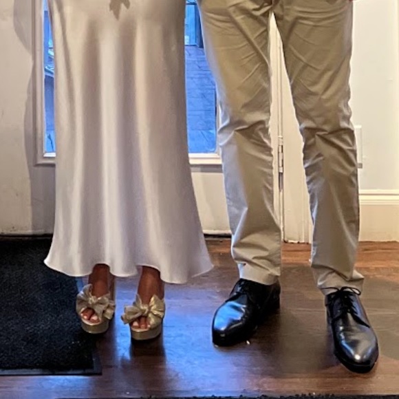 Loeffler Randall gold/beige Natalia 115MM Pleated Bow Platform Sandals. - Picture 8 of 8